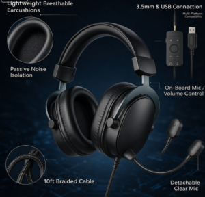 Wired Gaming Headset with 3.5mm and USB Dual Connectivity, 7.1 Surround Sound, Tuned 50mm Drivers, Detachable Mic - Image 3