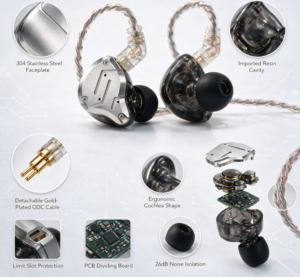Hybrid IEM Earphones with Stainless Steel Faceplate, Detachable Cable for Musician(Without Mic, Black) - Image 3